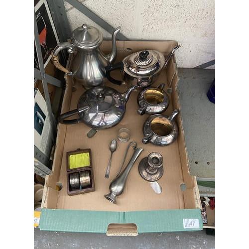 47 - Box containing a pewter teapot, a silver napkin ring and a silver candle stick etc