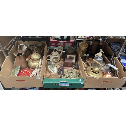 80 - 3 Boxes containing Carlsberg figure, horse brasses and large antique keys etc