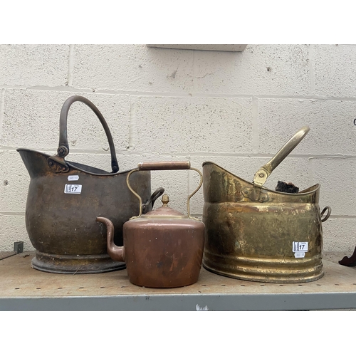 17 - Large copper and brass coal scuttles and a copper kettle