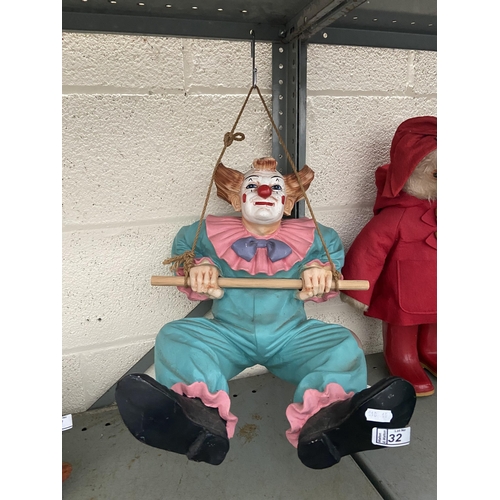 32 - Large vintage resin hanging trapeze clown figure (40cm tall)