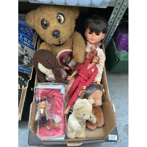 37 - Box containing vintage toys including Nookie Bear and The Six Million Dollar man