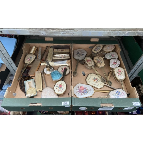 42 - 2 Boxes containing vintage dressing table mirrors and brushes etc