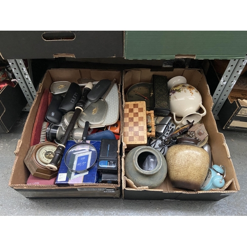 51 - 2 Boxes containing vases, a barometer and a vintage dressing table set etc