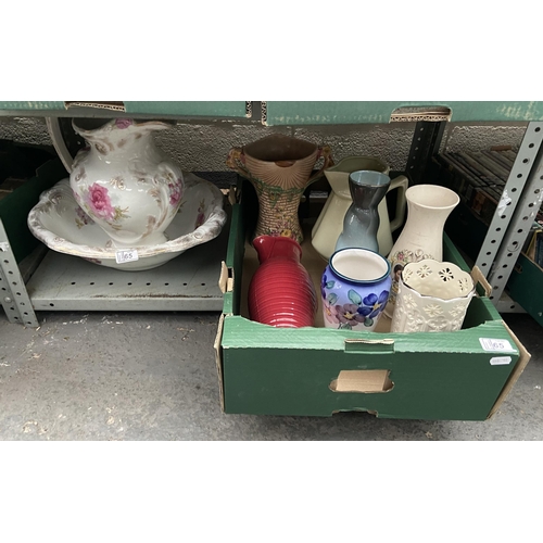 65 - Box containing vases and a large floral jug and bowl