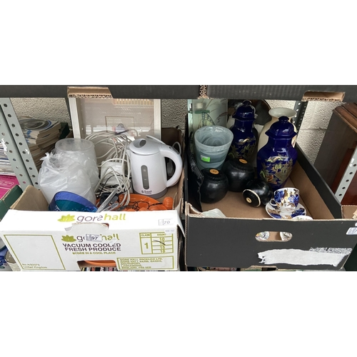 70 - 2 Boxes containing vases, China and a Russell Hobbs kettle etc