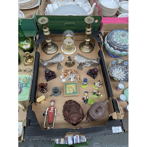 76 - Box containing a vintage dome clock, ornaments and curios