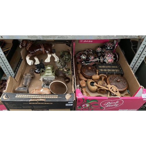43 - 2 Boxes containing treen, Beswick jug and assorted animal ornaments