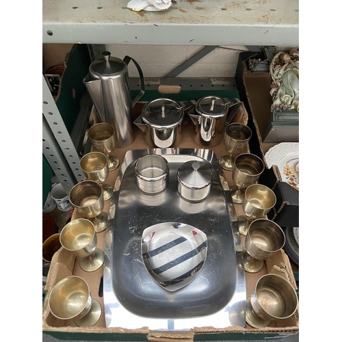 28 - Box containing stainless steel ware including Tudor Knight