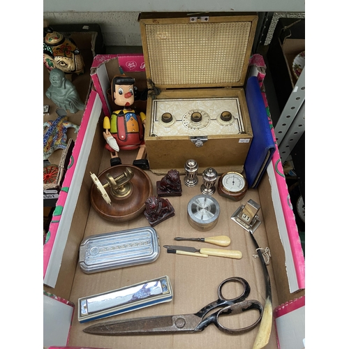 52 - Box containing a vintage nutcracker, puppet and desk calendar etc