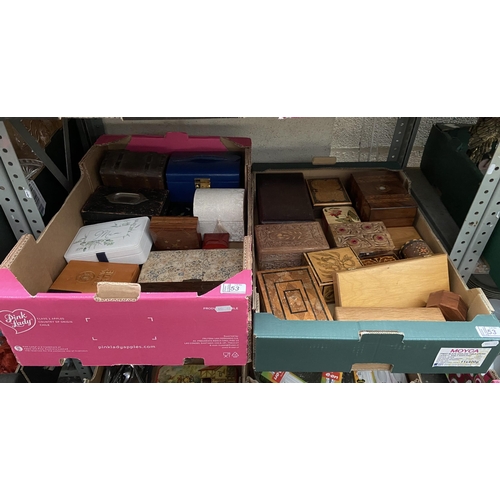 53 - 2 Boxes containing treen, wooden trinket boxes and jewellery boxes