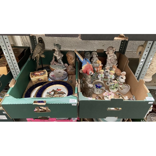 59 - 2 Boxes containing ornaments, glass paperweights, Falcon Ware plates etc