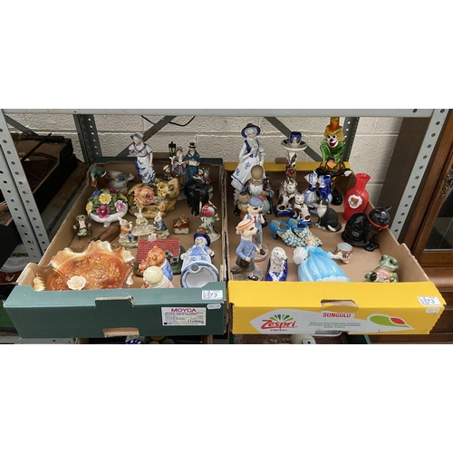 73 - 2 Boxes containing ornaments and figurines including cats and meerkats