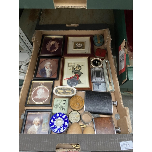 74 - Box containing vintage portraits, a hipflask and money box etc