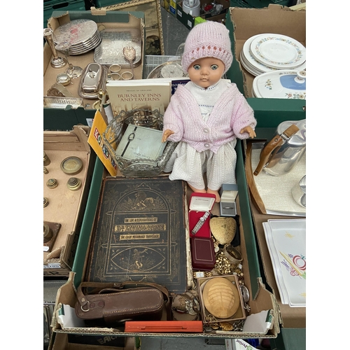 106 - Box containing costume jewellery, vintage dolls, watches and coins etc