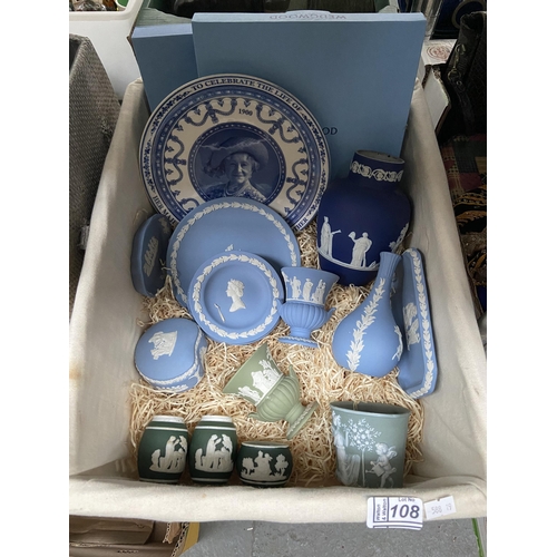 108 - Woven basket containing Wedgwood etc