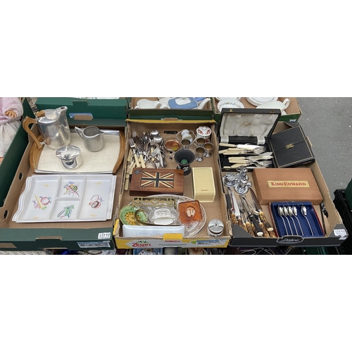 110 - 3 Boxes containing Poole, Picquot Ware and cutlery