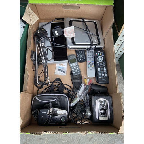 180 - Box containing electronics including vintage cameras, mobile phones, remotes etc
