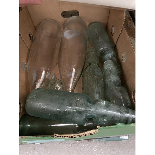 77 - Box containing vintage glass bottles and a large jug & bowl etc