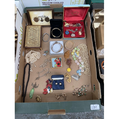 91 - Box containing costume jewellery and an ornately inlaid box