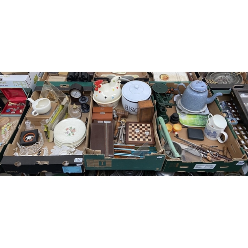94 - 3 Boxes containing curios including a gavel and enamelled teapot etc