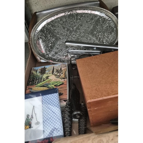 14 - 2 Boxes containing vintage carving sets and a serving tray etc