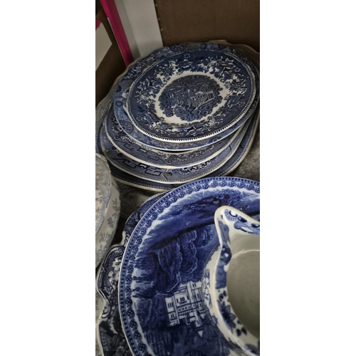28 - 2 Boxes containing blue & white China including Ridgway 'Willow'