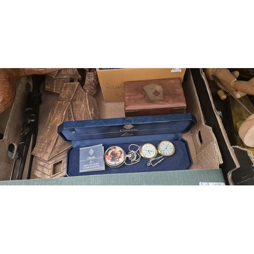 5 - 2 Boxes containing a 'leather' camel, treen and pocket watches etc