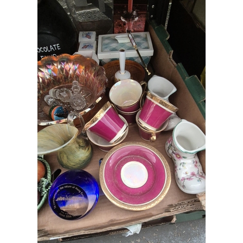 56 - 2 Boxes containing vintage China, a David Winter house and ceramic dogs etc