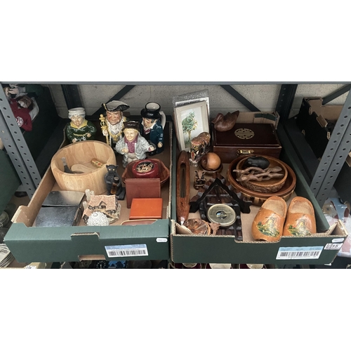 15 - 2 Boxes containing treen, clogs, large lighter and Roy Kirkham character jugs