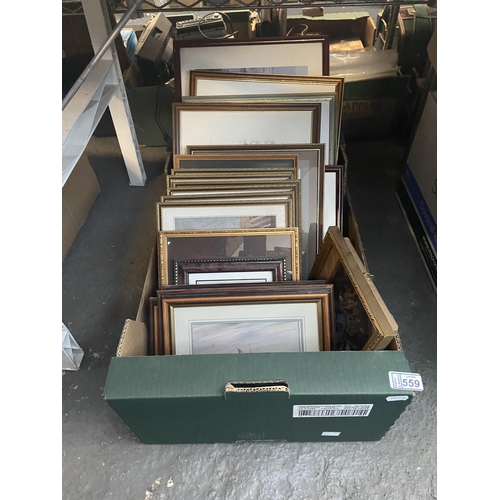 559 - Box containing framed and glazed artwork including nautical pieces signed James Kayley