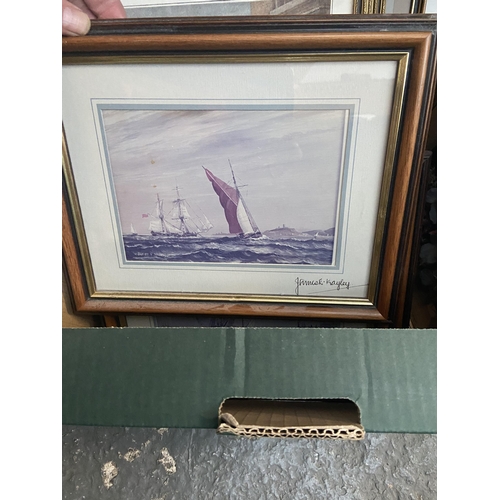 559 - Box containing framed and glazed artwork including nautical pieces signed James Kayley