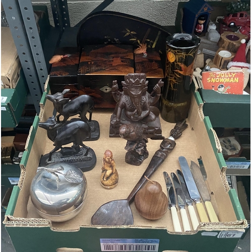 61 - Box containing butter knives, treen, ornaments and an oriental ornate box