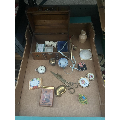 69 - Box containing curios including a brass cat