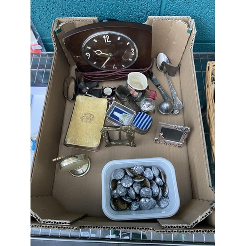 699 - Box containing curios including a Metamec clock, plated items, buttons etc