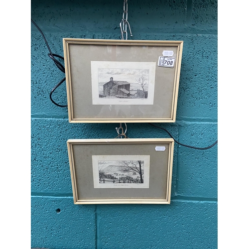 708 - 2 Framed and glazed pencil sketches