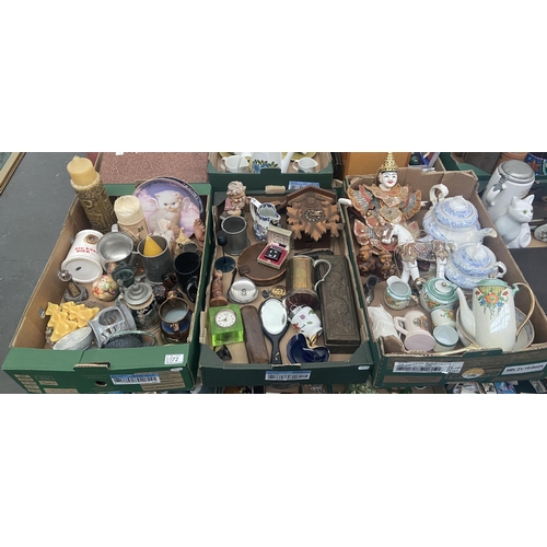 72 - 3 Boxes containing ornate candles, Colibri lighter, oriental tea set etc