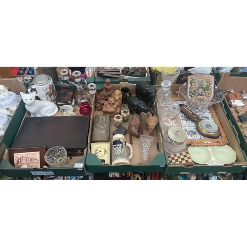 75 - 3 Boxes containing a canteen of cutlery, wooden animal figures, decanters, barometer etc