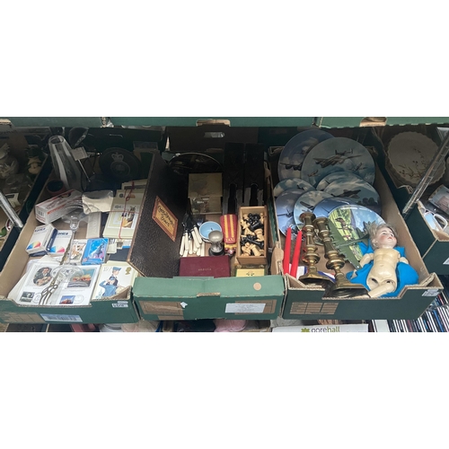 76 - 3 Boxes containing post office picture cards, chess set, cutlery, collectors plates etc