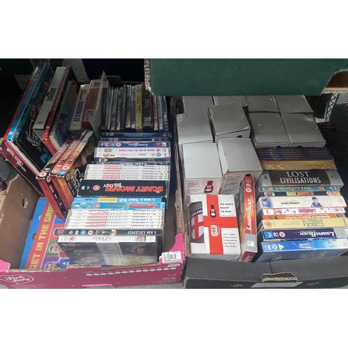 93 - 2 Boxes containing DVDs and England mugs etc