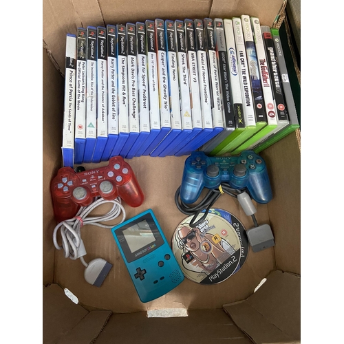 143 - Box containing a GameBoy colour (working), PlayStation 2 games, controllers etc