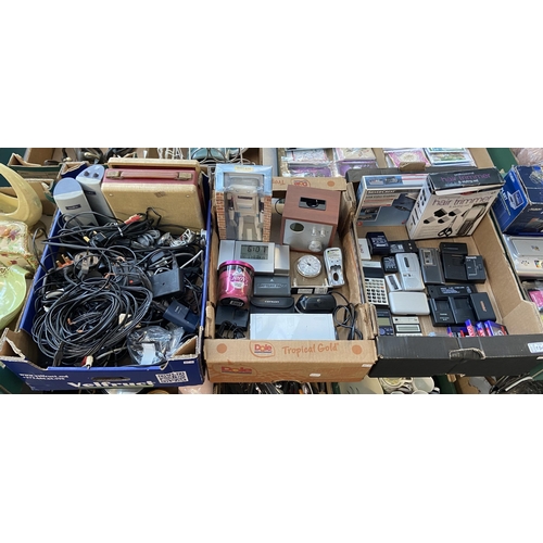 194 - 3 Boxes containing electronics, cables, battery packs, micro cassette recorders etc