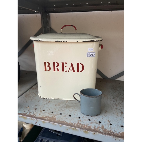 214 - Vintage enamelled bread bin and mug