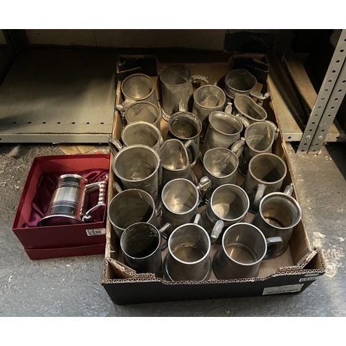 36 - Box containing pewter tankards