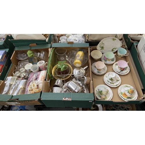 416 - 3 Boxes containing Royal Standard china, Old Hall stainless steel tea set etc