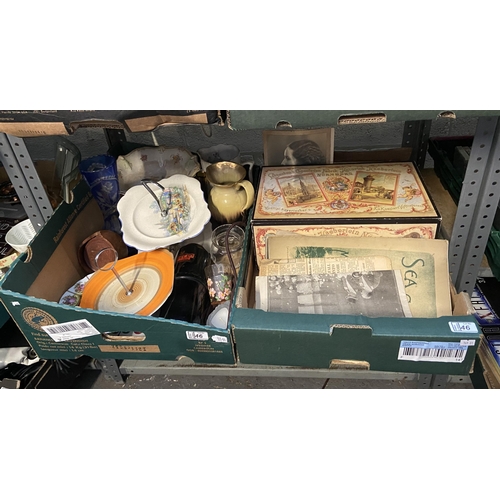 46 - 2 boxes containing vintage newspapers and cake stands etc