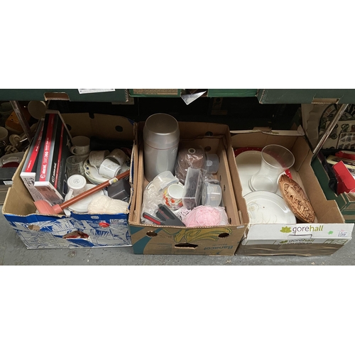 59 - 3 Boxes containing knitting yarn, yogurt maker, iPad stands, ceramics etc