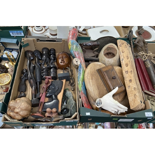 63 - 2 Boxes containing Africa carvings, treen, flat irons etc