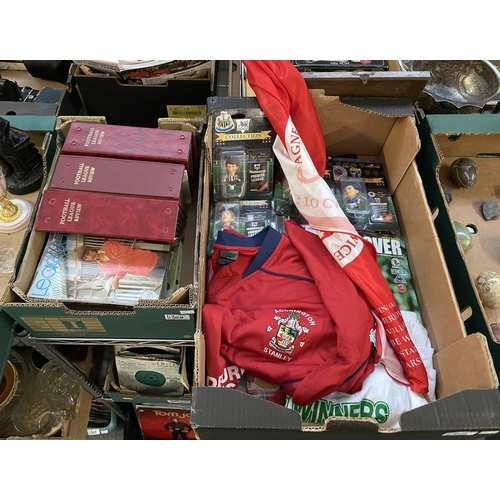 89 - 2 Boxes containing football league reviews, Accrington Stanley shirt, Corinthian figures etc