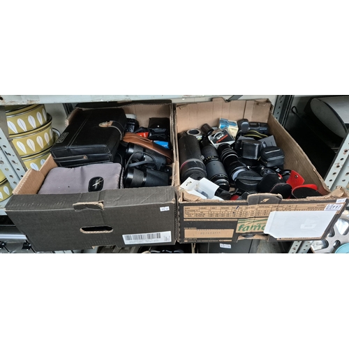 117 - 2 Boxes containing vintage cameras and lenses etc