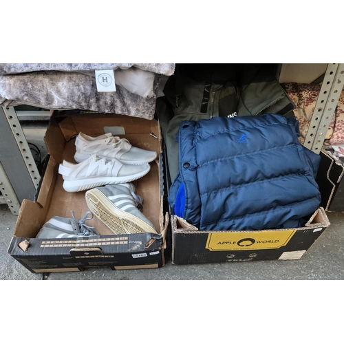 165 - 2 Boxes containing Adidas trainers, Kangol gillet and a Rains waterproof jacket